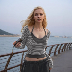 美式辣妹风U型低领两件套条纹T恤挂脖背心2025时尚修身撞色针织衫