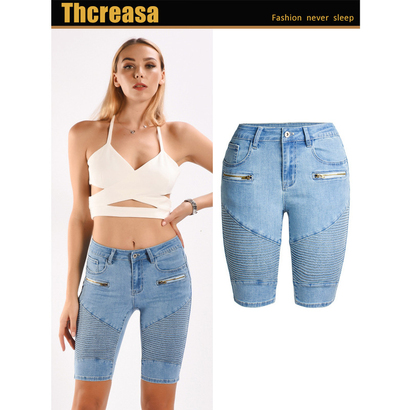 Amazon European and American New Motorcycle Elastic Light-Colored Denim Mid-Pants Women's Summer Five-Quarter Pants Jeans for Women