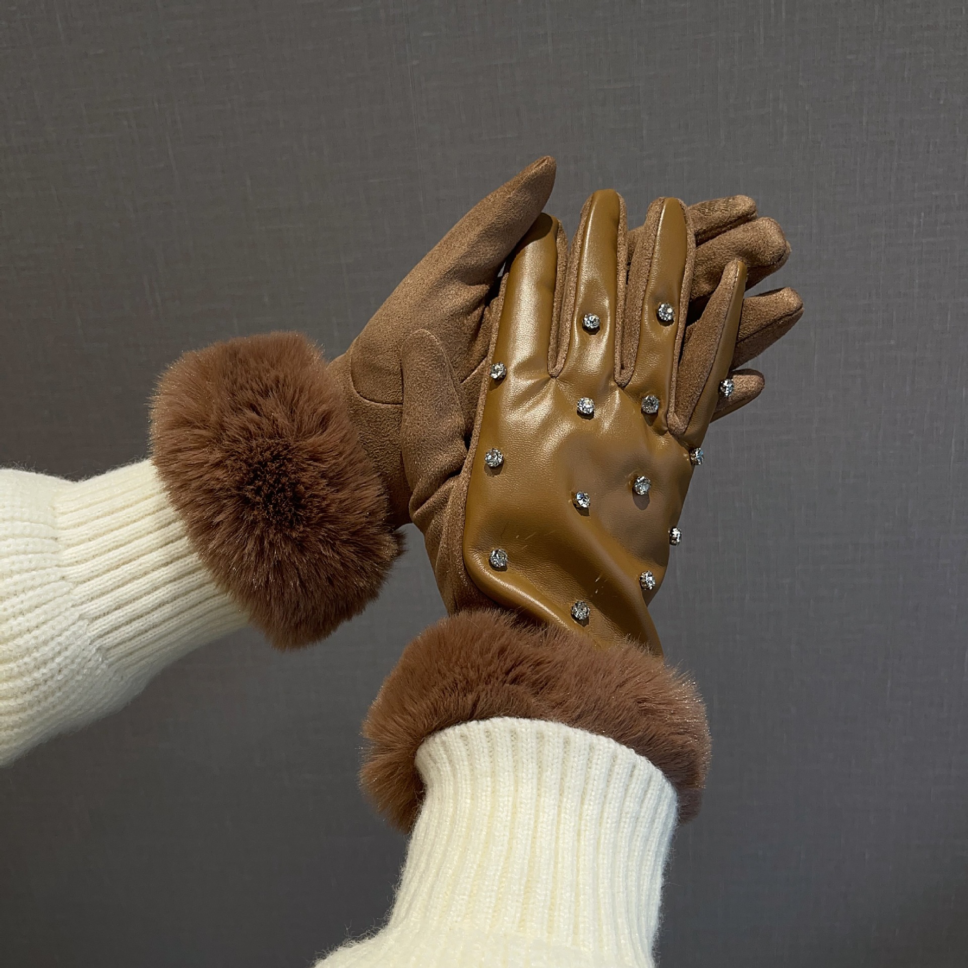 Ziemas samta sabiezināti cimdi piecu pirkstu pilns skārienekrāns proteīns āda strass truša spalva cimdi sieviešu krāsu saskaņošana_voghion.com