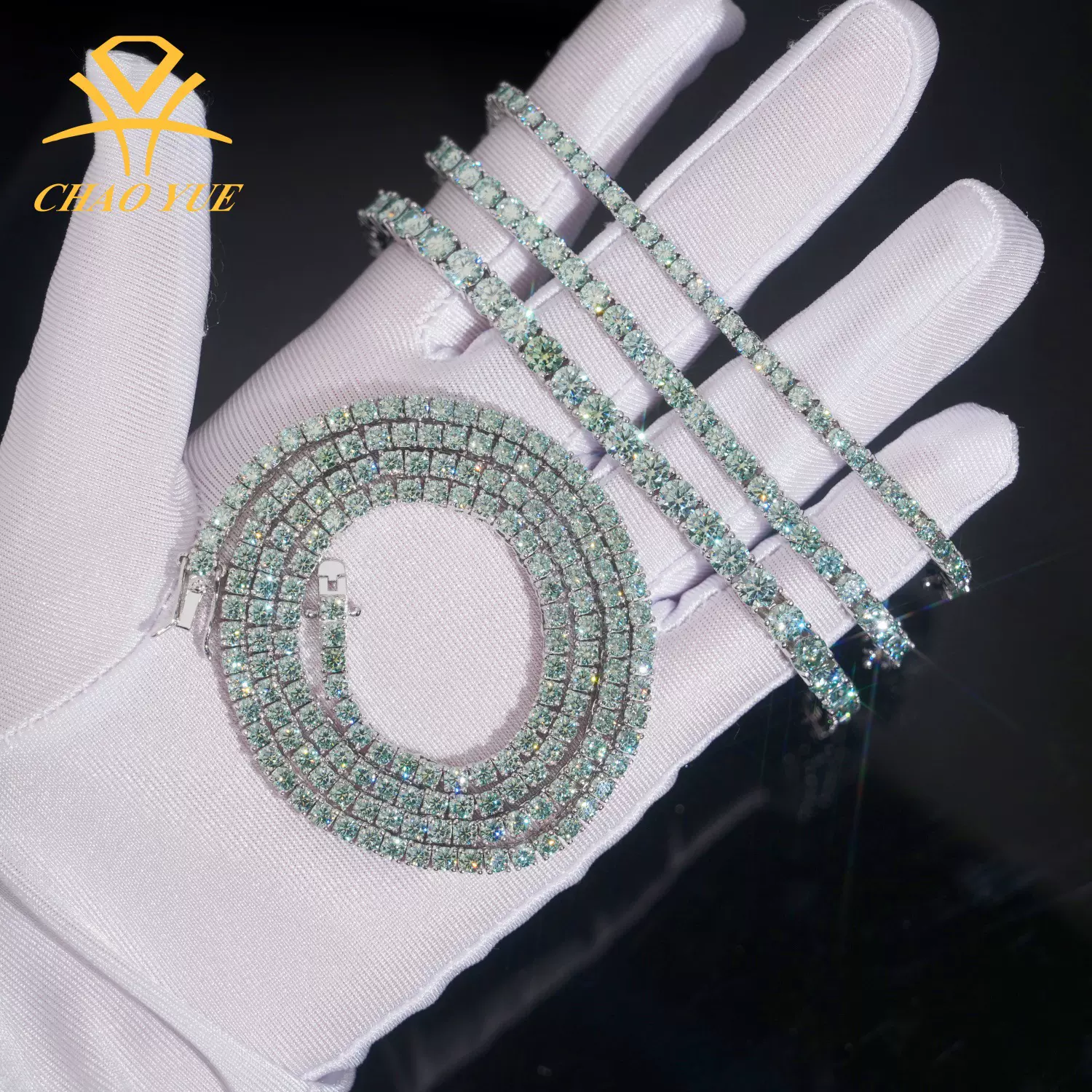 跨境爆款s925银vvs蓝绿D色莫桑石3.0-5.0mm欧美男女士时尚网球链