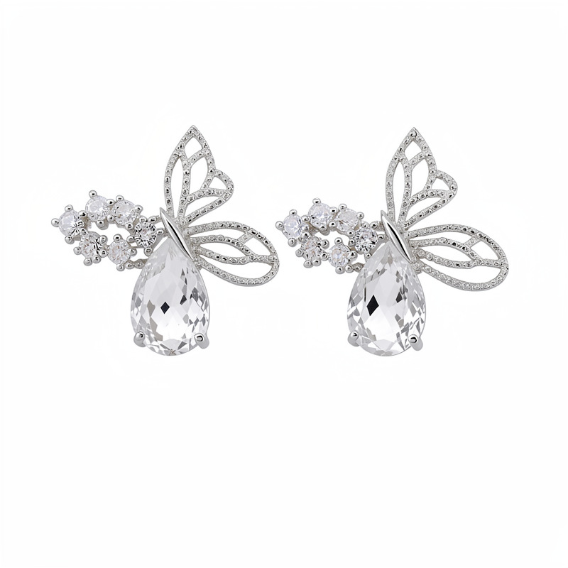 Agujas de plata, mariposas de piedra, gotas de agua, pernos huecos, nicho de moda, pendientes de lujo ligero, pendientes de alta calidad.