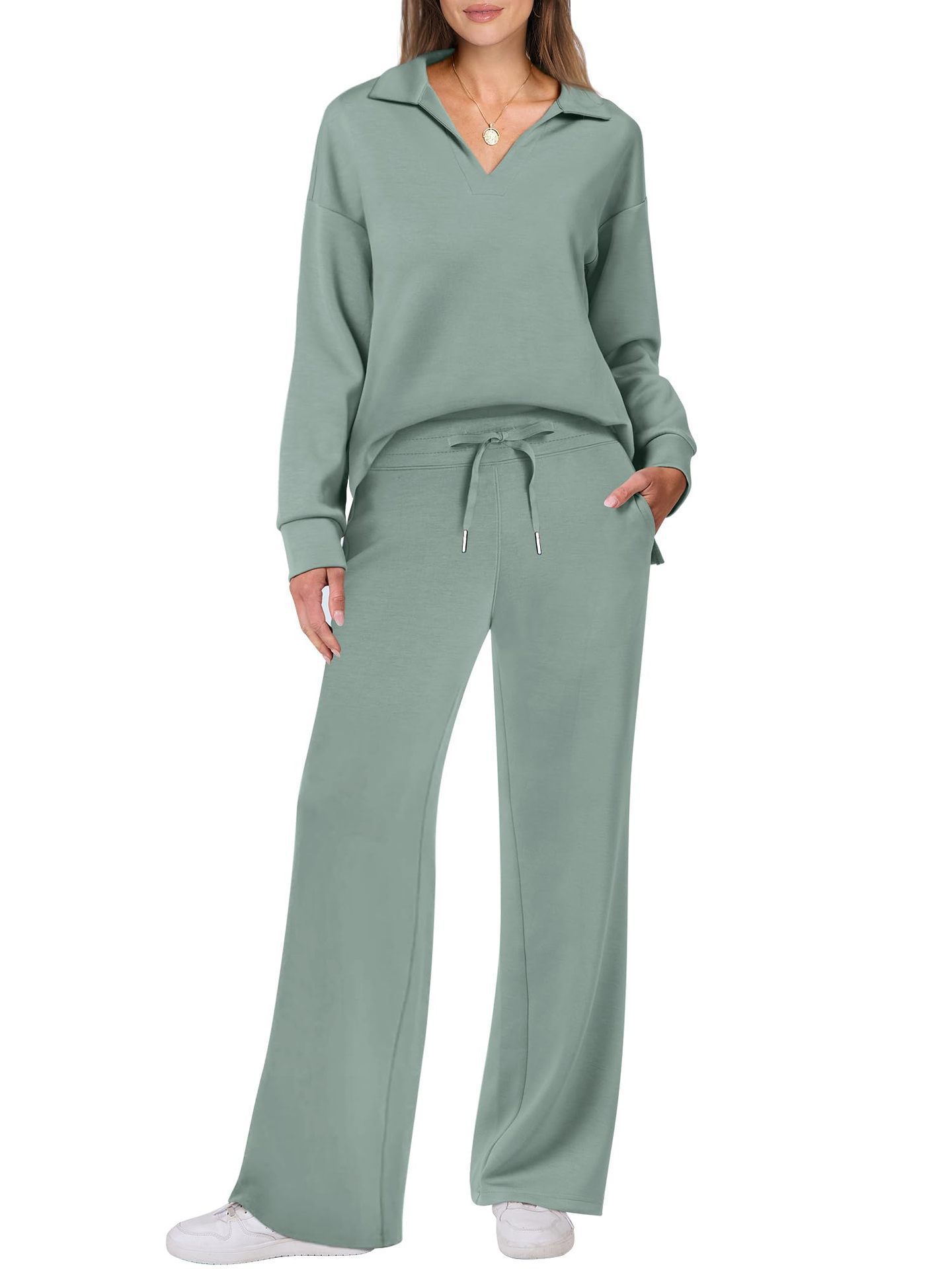Women's Tracksuit Sports Suit V-neck Long-sleeved Pullover Top And Drawstring Straight-leg Trousers Casual Solid Trousers Set