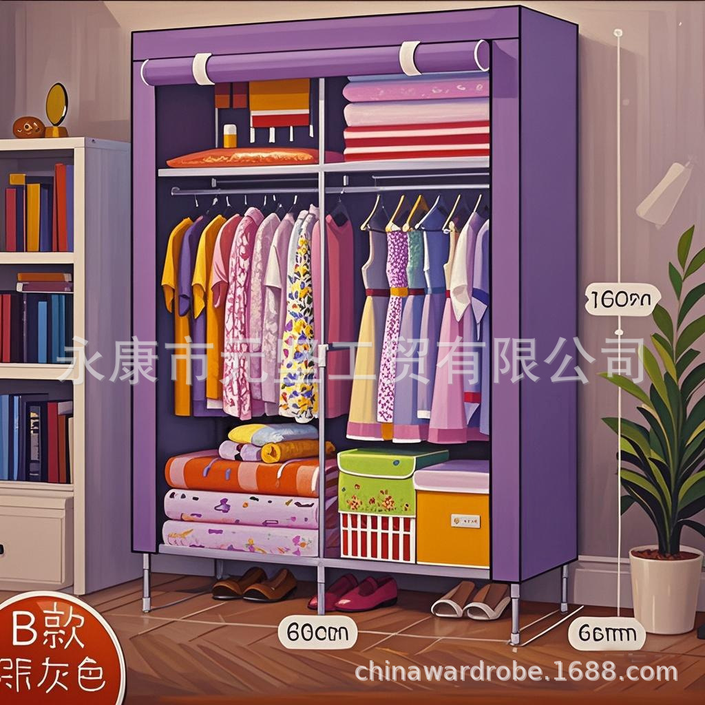 Armario de tela simple, armario de almacenamiento, armario a prueba de polvo, dormitorio, marco de acero, combinación de refuerzo, armario de estudiantes de alquiler al por mayor