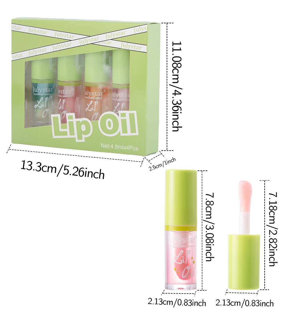 Julystar Hydrating Head Brush Lip Gloss Mirror Moisturizing Hami Melon Lip Oil 4-bottle Set Wholesale Makeup Application Scenario