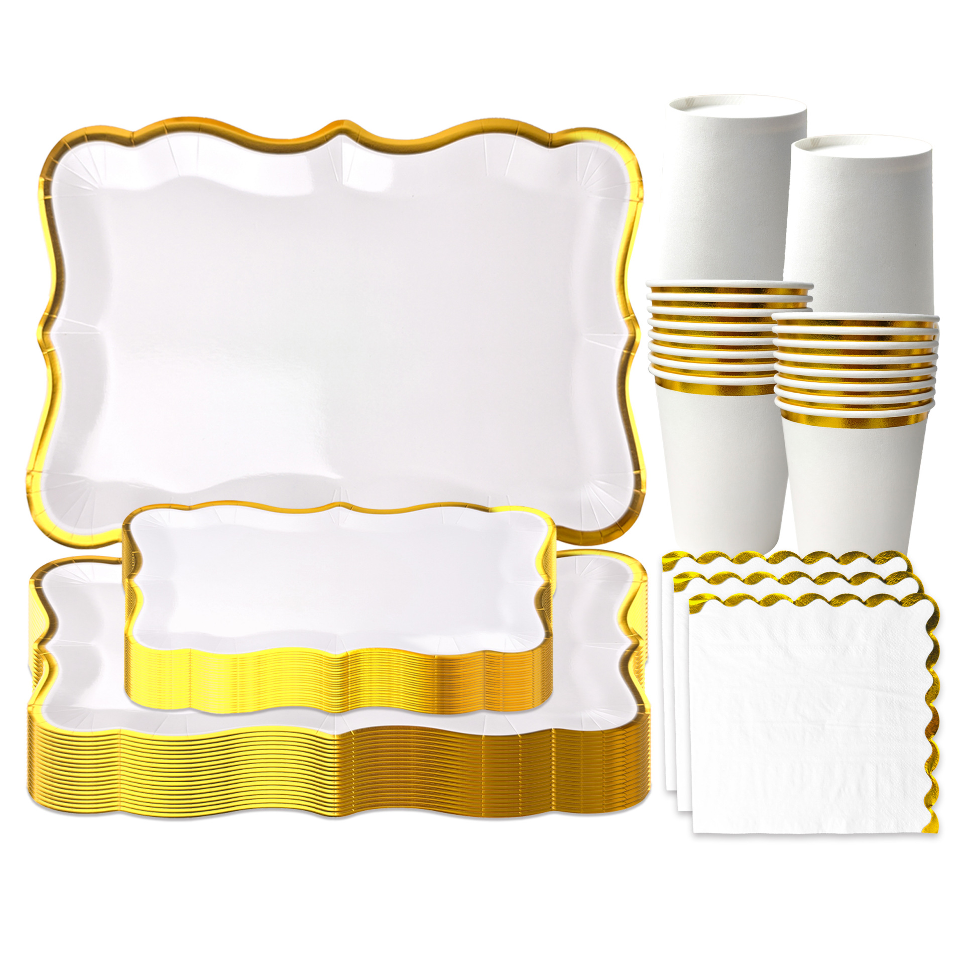 Elegant Gold-Trimmed White Disposable Party Tableware Set - Rectangle Plates, Napkins & Cups For Stylish Gatherings"_voghion.com