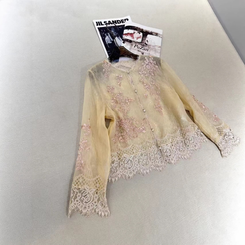 2026 Early Spring New Style New Chinese-Style Lace Embroidery Shirt for Women, Silk Lace Trim Top with Intricate Embroidery