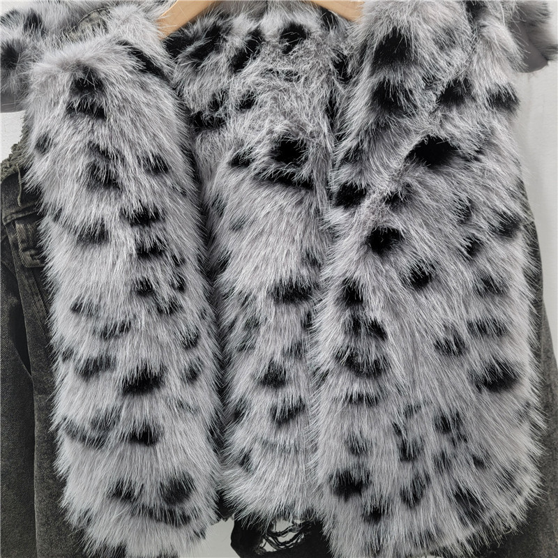 Jeans estampado de leopardo abrigo de algodón de cuello de piel mujer agujero suelto empalme chaqueta corta de algodón grueso calentamiento