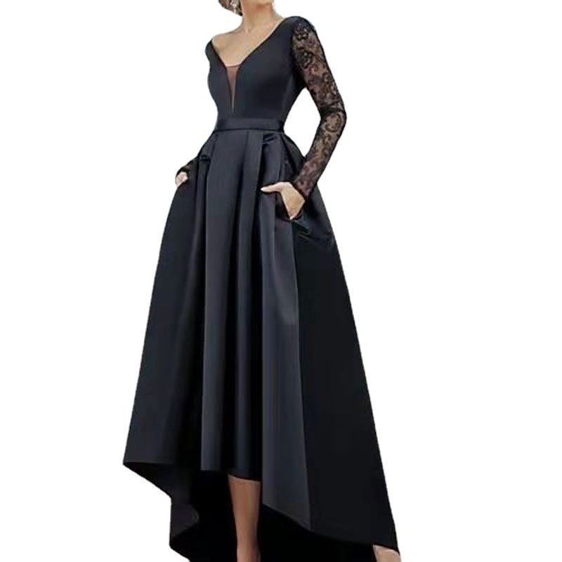 Comercio exterior europeo y americano Amazon AliExpress deseo Satén de las mujeres con cuello en V vestido de noche de encaje manga larga sexy sin espalda