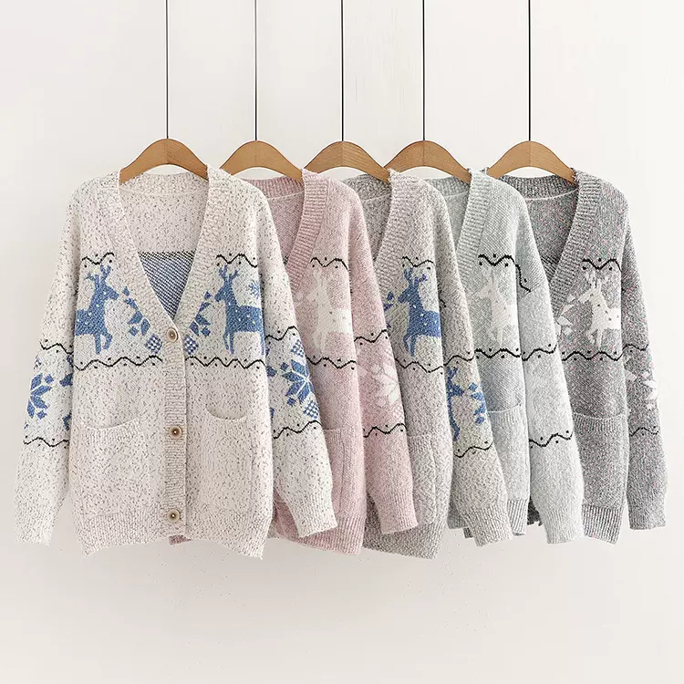 秋冬新品欧美外贸女装圣诞雪花针织衫圣诞小鹿单排扣口袋毛衣女