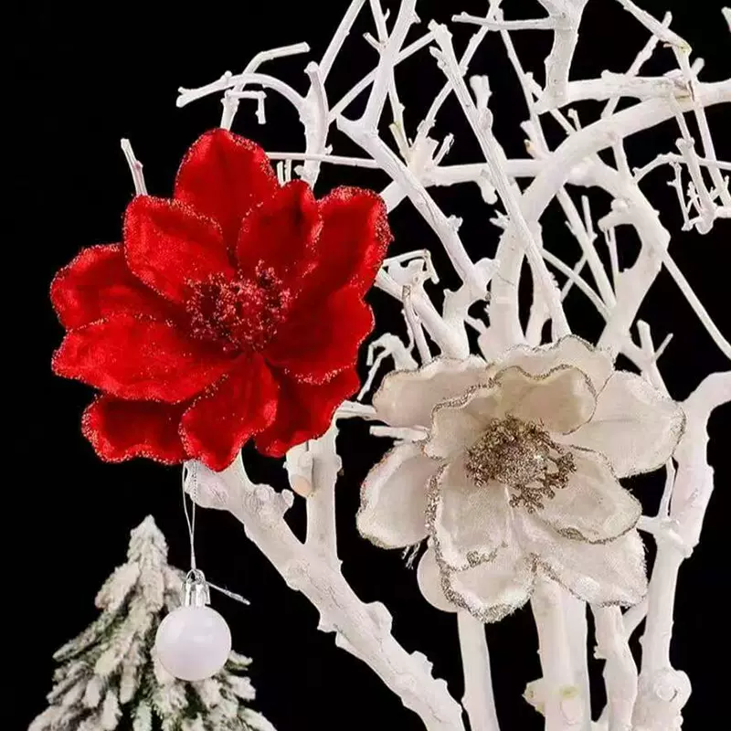 跨境圣诞玉兰花圣诞树装饰花白色玉兰仿真花红色绒布圣诞花头批发