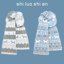 费尔岛风可爱猫咪双面针织围巾女秋冬保暖复古百搭围脖防风防寒