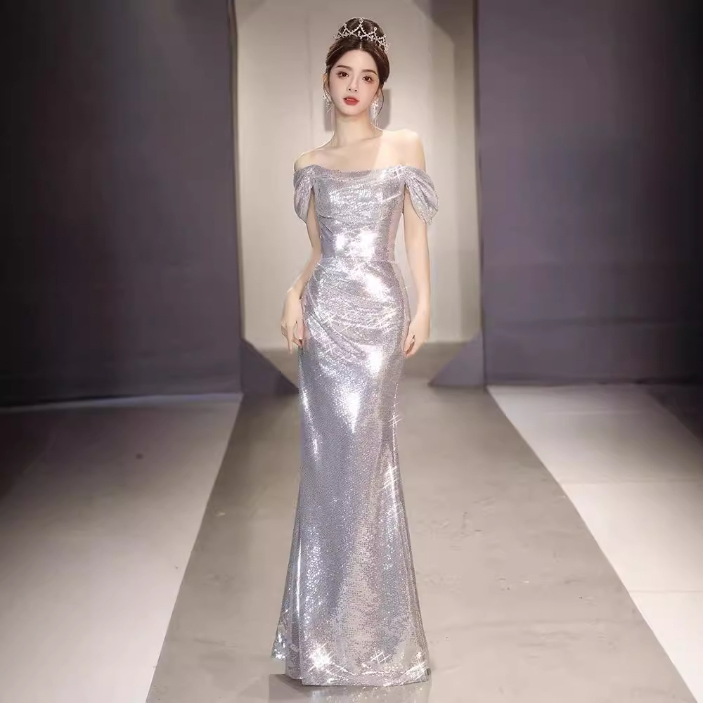 One-Shoulder Evening Dress Women's High-Level Adult Ceremony Light Luxury Niche High-End Art Examination Host Banquet Elegant Fishtail Dress