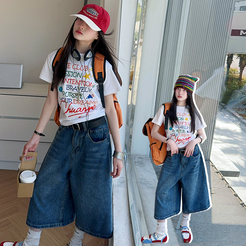 女童夏装2025新款中大童韩系短袖T恤牛仔中裤夏装时尚洋气套装潮
