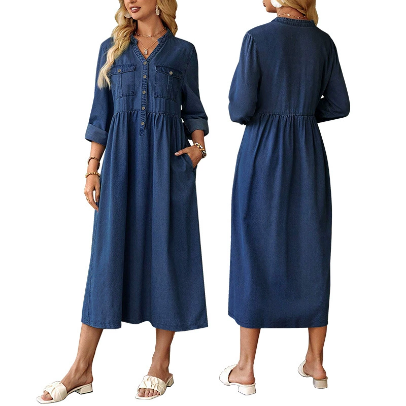 218523 Трансграничное женское новое джинсовое платье больших размеров с воротником-стойкой и пуговицами, длинное платье с длинными рукавами, прямая продажа с фабрики