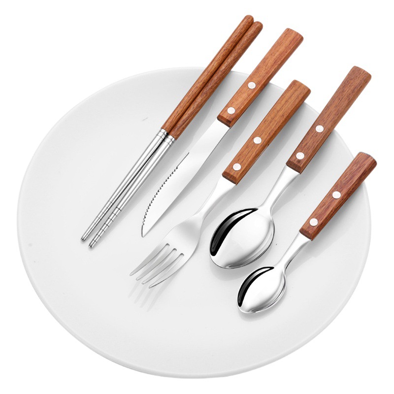 Cuchillo y tenedor de acero inoxidable de comida occidental 304 engrosado Hotel regalo traje cuchara y tenedor mango de palo de rosa transfronterizo