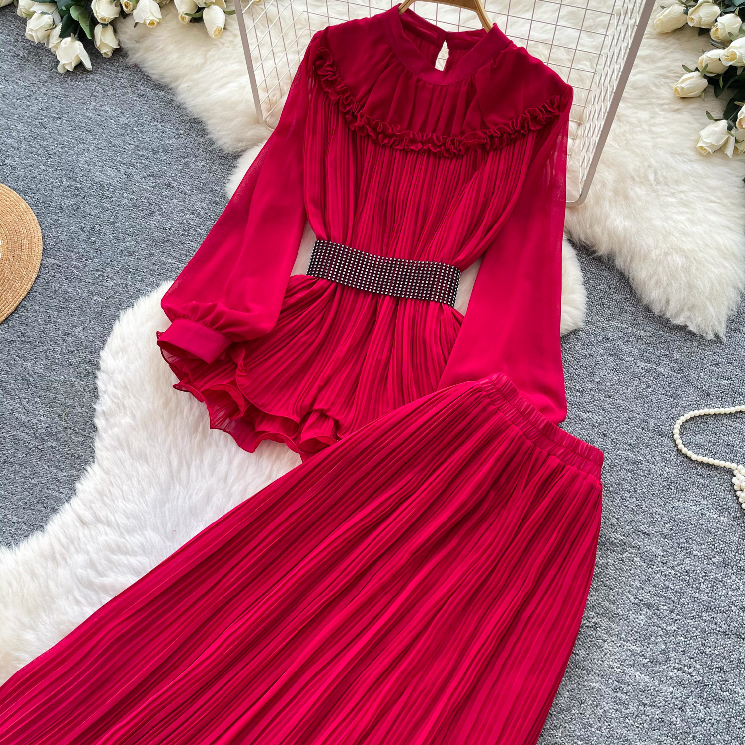 French Office Style Purple Lantern Sleeve Belted Ruffle Midi Dress For Women | Autumn Elegant Two-Piece Set_ecoleips.com