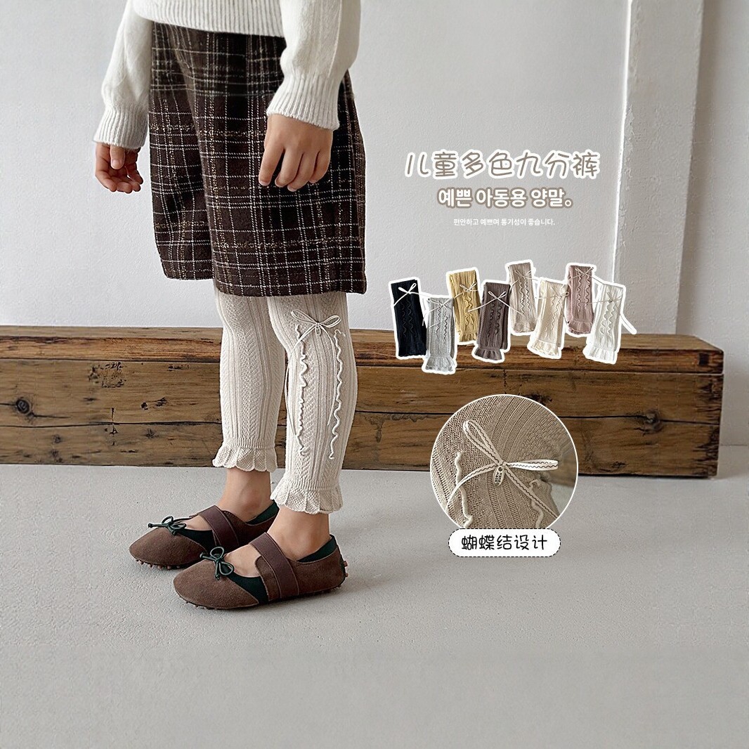 Children's knitted cropped leggings, girls' bow-trimmed tights, spring and autumn styles, multiple colors available, baby tights.