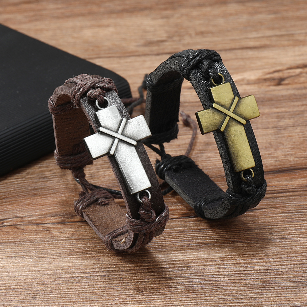 Knitting Design Retro Geometric Pu Leather Alloy Knitting Men's Bangle Men Cord & Leather Bracelets