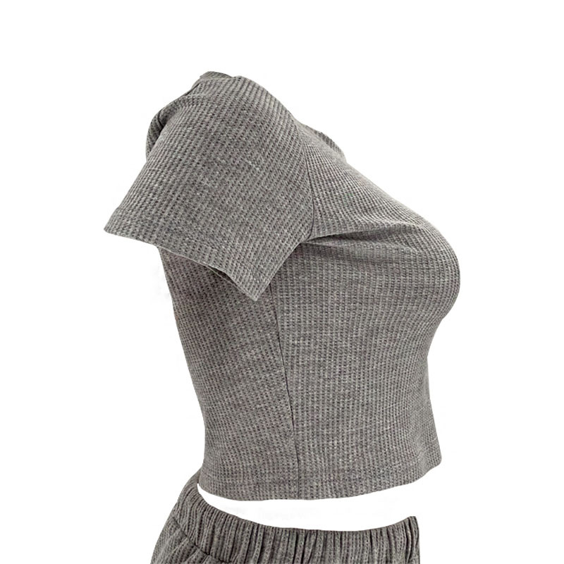 Spring Summer Solid Color Waffle round Neck Short Sleeve Women Clothing Casual Trousers Sets