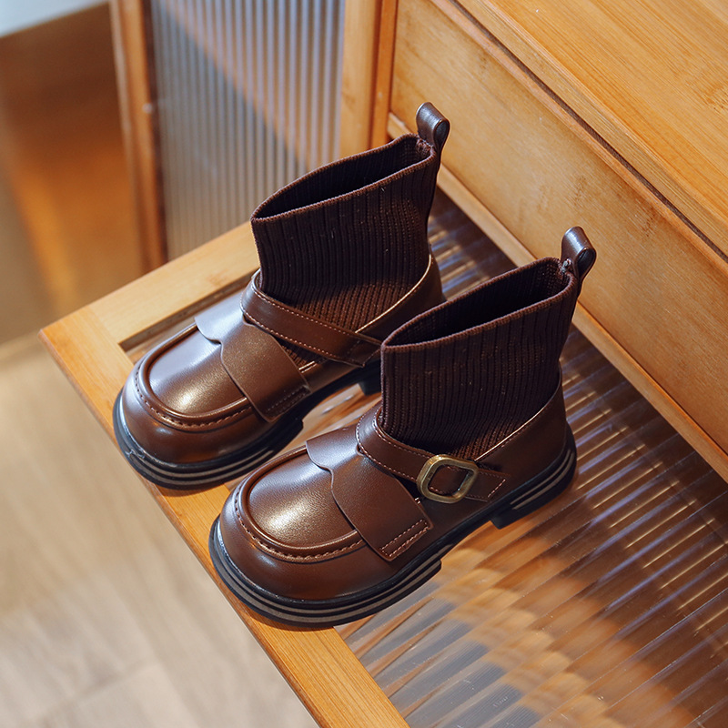 Nouvelles chaussettes tricotées d'hiver pour petites filles Bottines à semelles souples Bottines noires en cuir pour bébé pour enfants_voghion.com