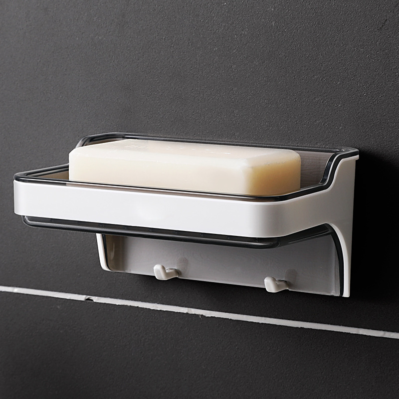 Caja de jabón de drenaje de pared sin perforaciones baño estante de jabón creativo estante de jabón de doble capa con gancho