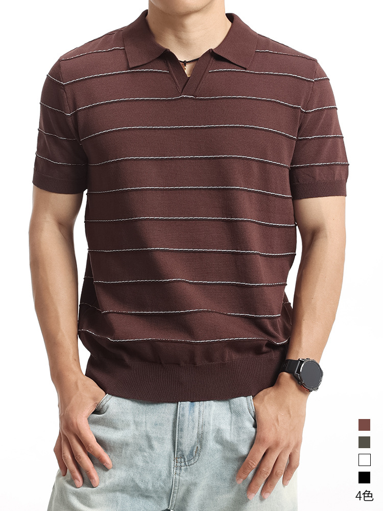 Hombres viejos ganancias de color contrastante tela de punto polo camiseta de verano de alto nivel de V-cuello camiseta de hombre casual de estilo europeo