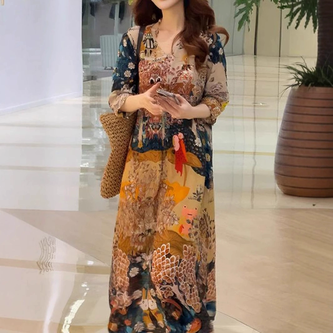 Женское летнее платье 2025 года в стиле французского шика, с V-образным вырезом, свободного кроя, стройнящее, в ретро-стиле.