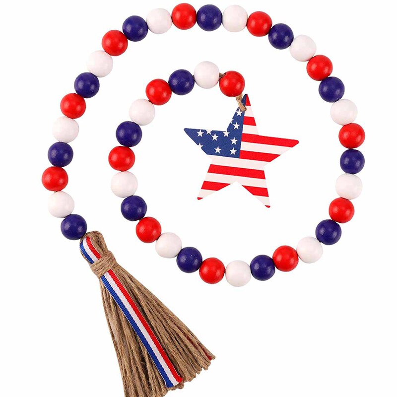 Independence Day wooden beads string hemp rope tassel American Independence Day five-pointed star beads string European and American popular home decoration 2022
