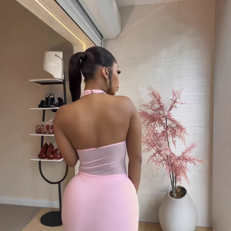 2025 verano de ropa de mujer europea y americana malla de costura sexy cuello sin mangas encaje apretado vestido corto de cadera mujer