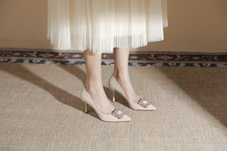 Stiletto Pumps For Women Crystal Square Button Soft Leather Heels_voghion.com
