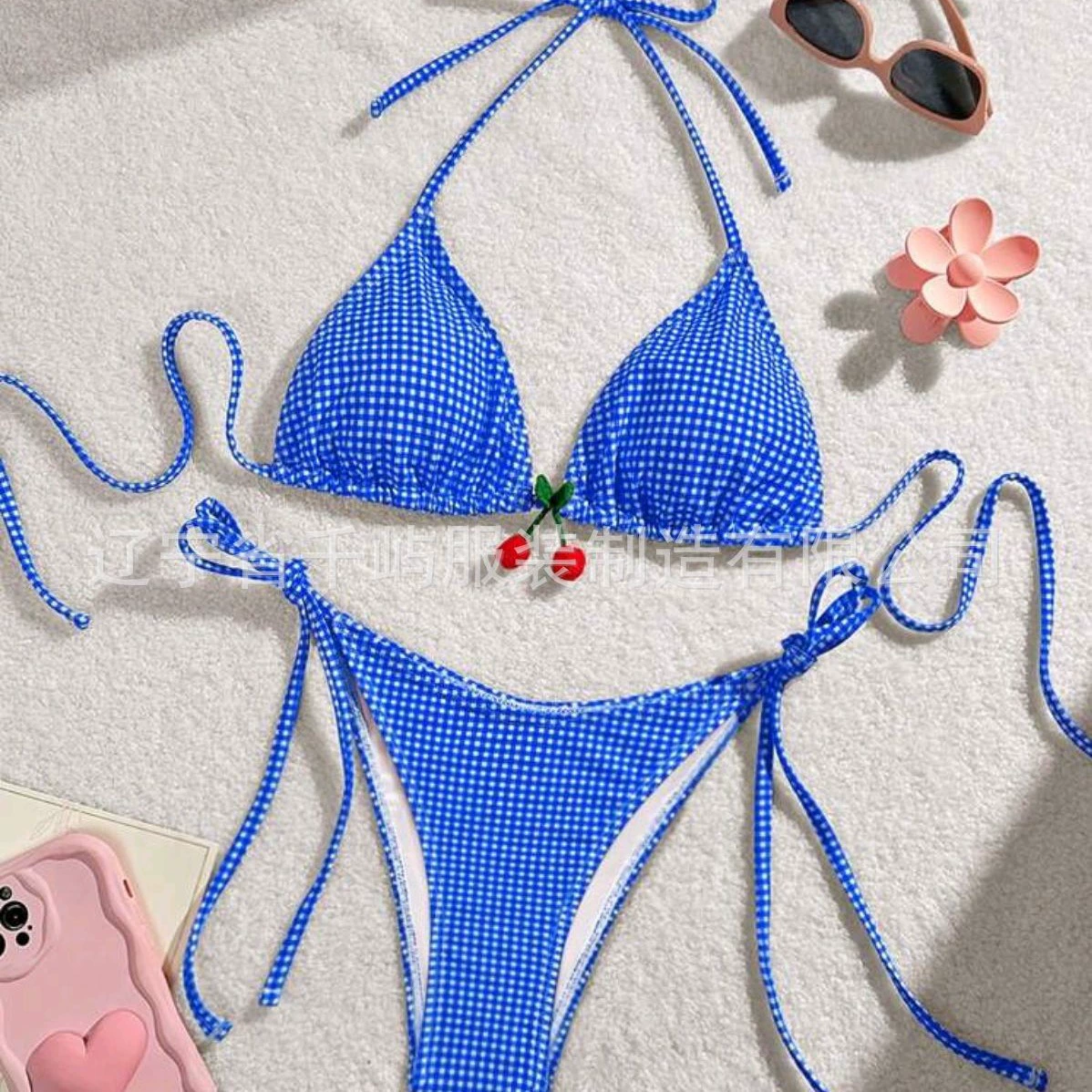 Сексуальный купальник Wish Brand на двоих с бантами - красно-сине-гладкий двухслойный набор из топа и низу, двухчастный купальник