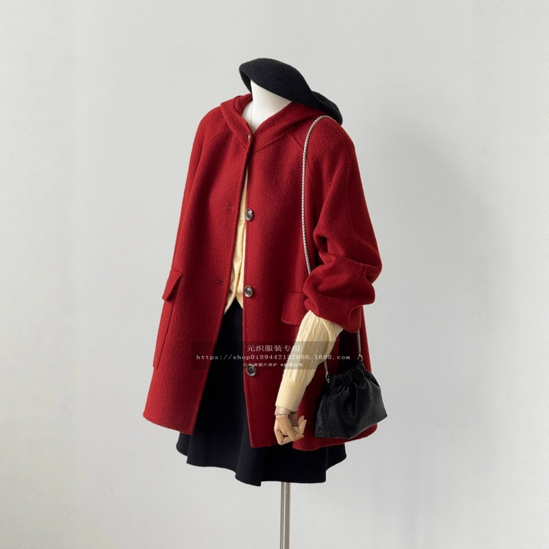 New Year, Christmas, New Year's Day Red Hooded Wool Coat for Women, Short Loose Fit for Petite Figures, Woolen Coat New Year, Christmas, New Year's Day Red Hooded Wool Coat for Women, Short Loose Fit for Petite Figures, Woolen Coat