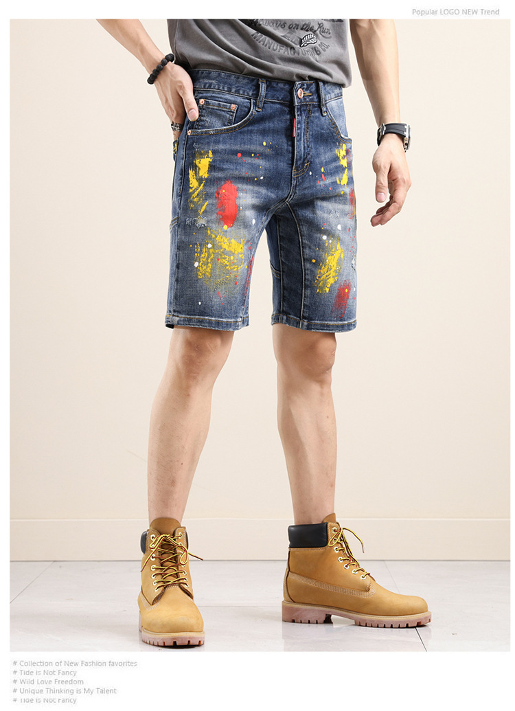 Men's clothing in stock 2024 ashion brand jeans straight men's slim trousers trendy youth Denim Shorts_viptrois.com