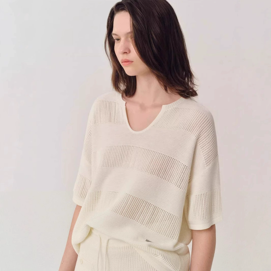 ROW2025 весенне-летний новый стиль, перфорированный полосатый маленький пуловер с короткими рукавами и U-образным вырезом, футболка, топ