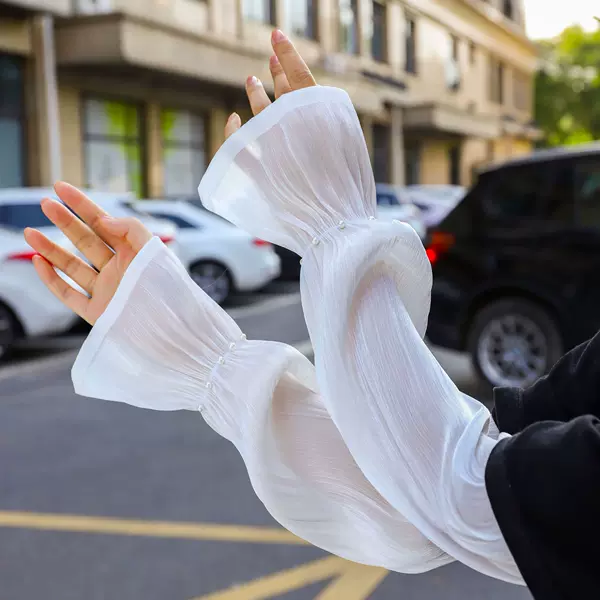 Sun Protection Sleeves with Pearl Embellishments, Summer Thin Style for Women, Outdoor Driving Fingerless Ice Silk Arm Sleeves