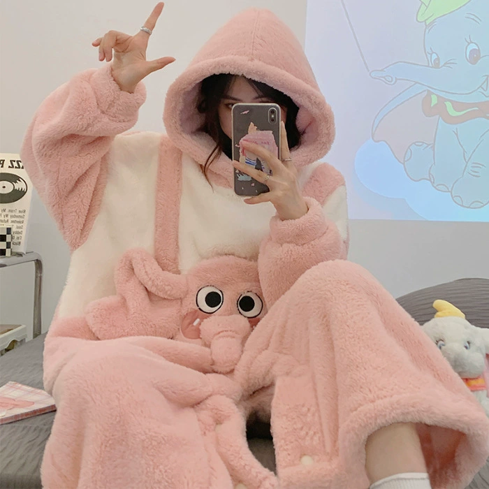 Зимние коралловые бархатные пижамы женские комбинезоны мультфильм слон с капюшоном пижама толстая плюшевая домашняя одежда