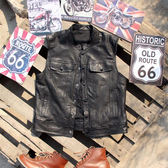 Autumn New Genuine Leather Vest Vegetable Tanned Sheepskin Solid Color Collar Casual Slim-fit Vintage Harley Locomotive Ware Vest