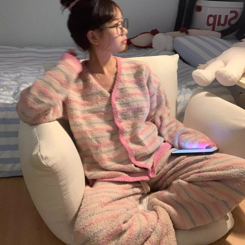 韩版条纹半边绒睡衣女冬款新款加厚毛绒针织秋冬家居服套装可外穿|undefined