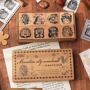 Lingcheng Windmill Wooden Hand Account Boxed Seal Cross-border Hand Account Animal and Plant Combination Seal Retro Style Silicone Seal