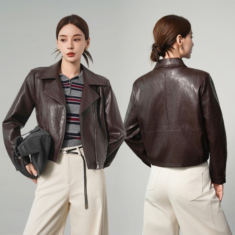 High-End Versatile Lapel Leather Jacket for Women, Fashionable Slimming Leather Jacket, Petite Biker Jacket, Short Jacket
