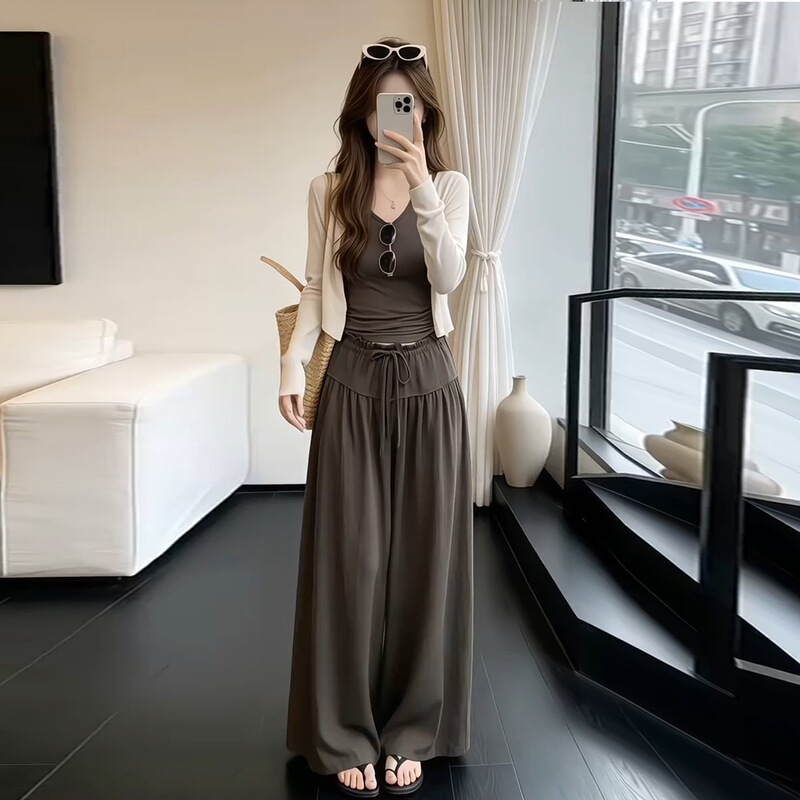 Thin Knit Cardigan Paired with a V-Neck Camisole and High-Waisted Drawstring Wide-Leg Pants, a Two-Piece Set for a Relaxed Everyday Vibe