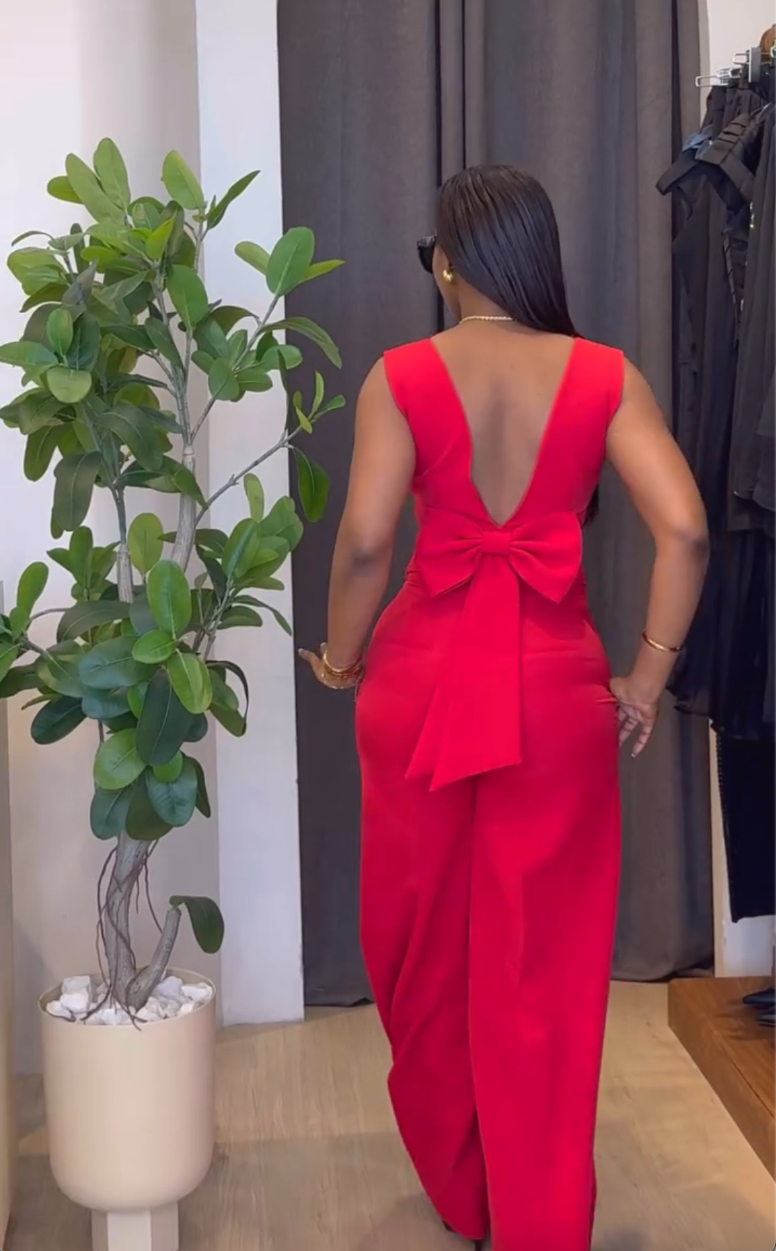 Women Clothing Spring Solid Color Backless Bow Top Wide Leg Trousers Casual Suit