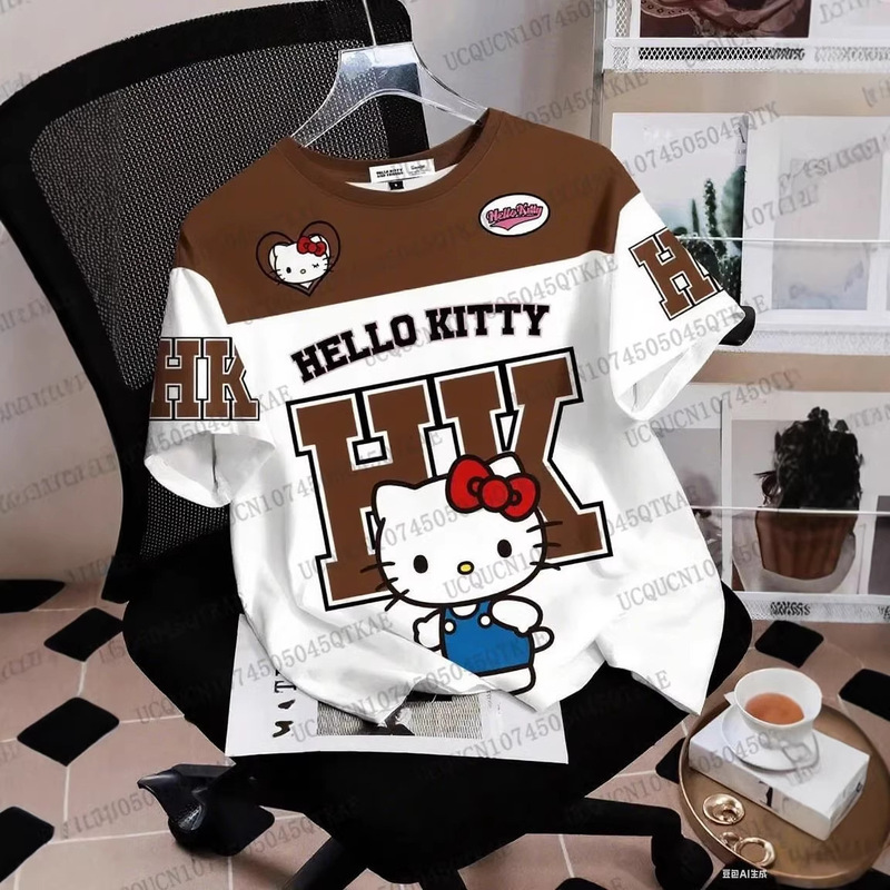 Summer Women's T-Shirt with 3D Digital Printing Hello Kitty Pattern, Round Neck, Short-Sleeved Top, Breathable