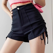 两侧系带高腰一粒扣黑色纯欲风女2025年秋冬韩版百搭显瘦外穿短裤