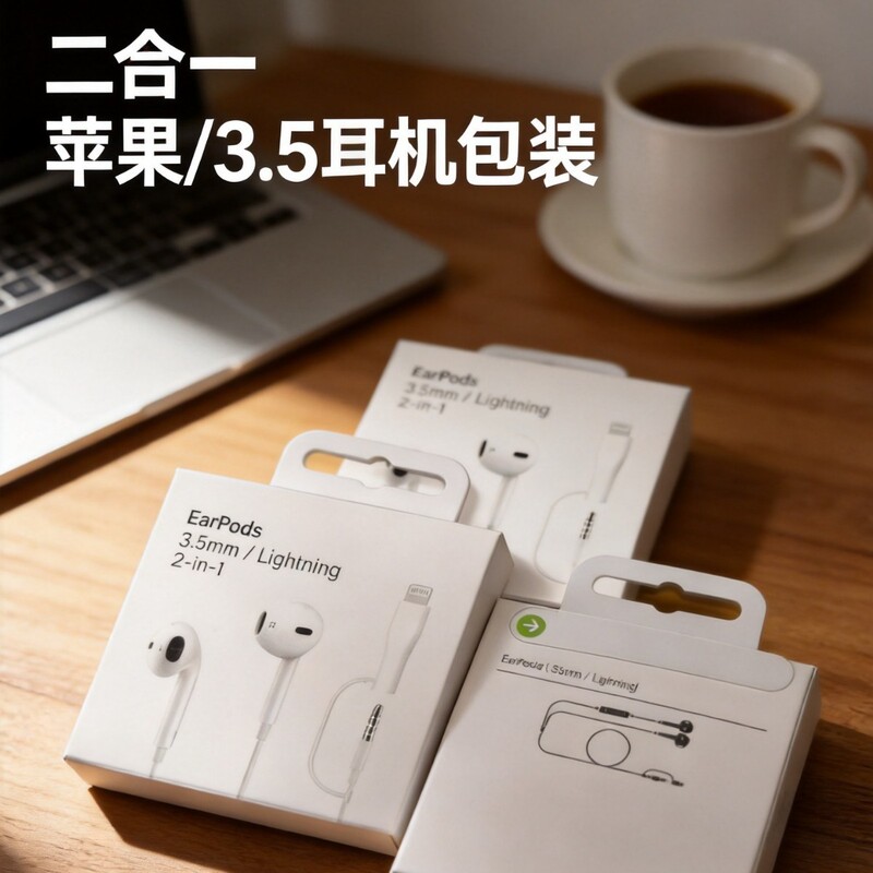 White cardboard color box Apple-style dual-ear in-ear wired headphones, paper box, 3.5mm & Apple connectors, customizable