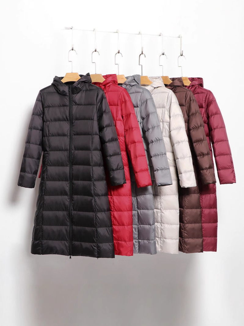 Transfronterizo otoño y invierno nuevo chaqueta de pluma ligera para mujeres largas rodillas alargadas con capuzas delgada chaqueta coreana
