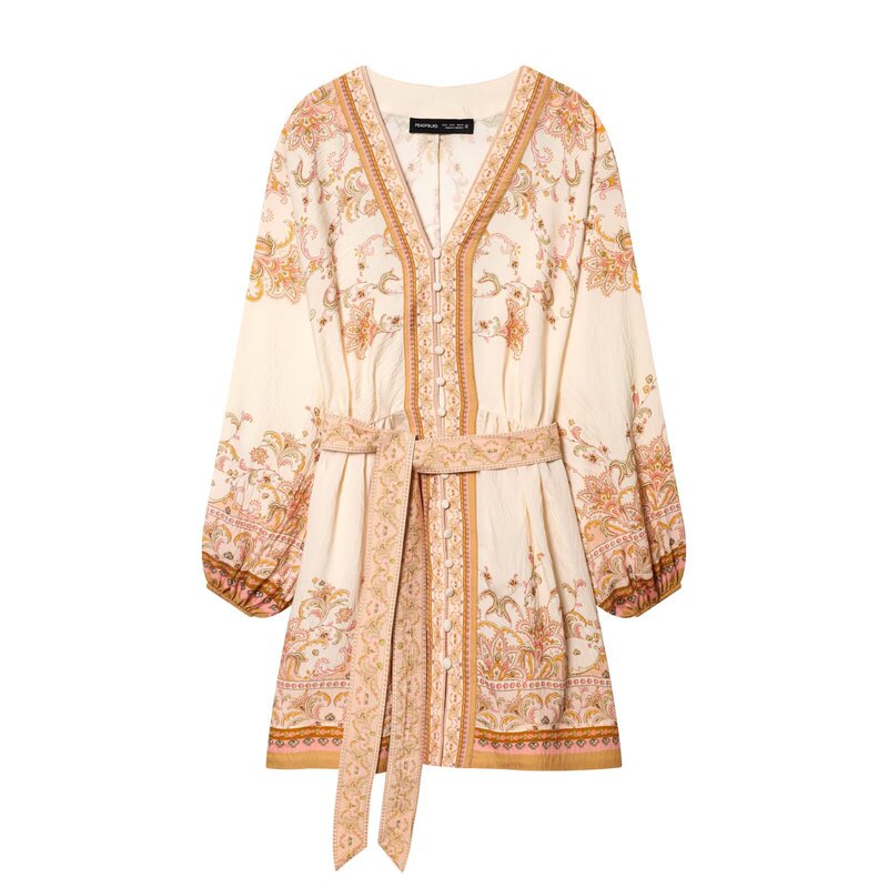 Bsk&Traf Women's Clothing 2026 Summer New Style Holiday Style Fashion Printed Positioning V-Neck Tie-Up Dress Bsk&Traf Women's Clothing 2026 Summer New Style Holiday Style Fashion Printed Positioning V-Neck Tie-Up Dress