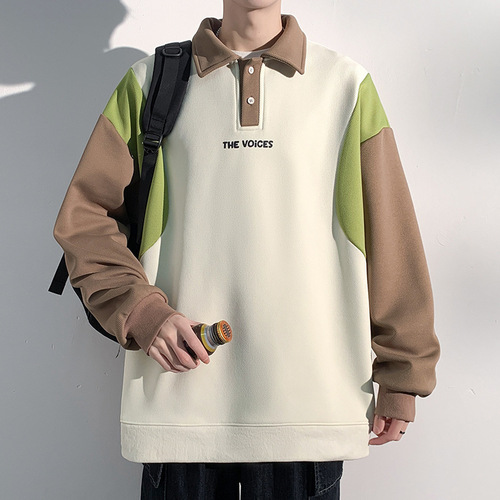 Men's Loose Large Size Casual Colorblock POLO Neck Sweatshirt - 2024 Spring New Simple Style Outerwear