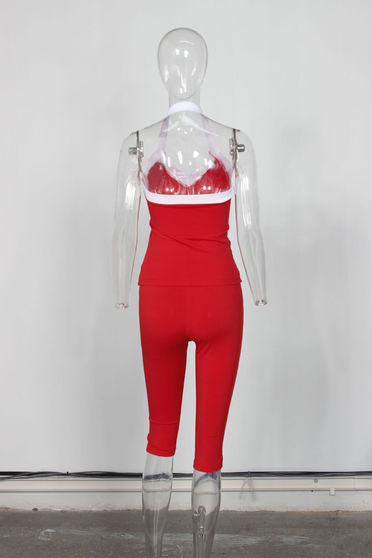 Summer Stretch Contrast Color Halterneck Vest Top Tight Mid Length Blouse Pants Women