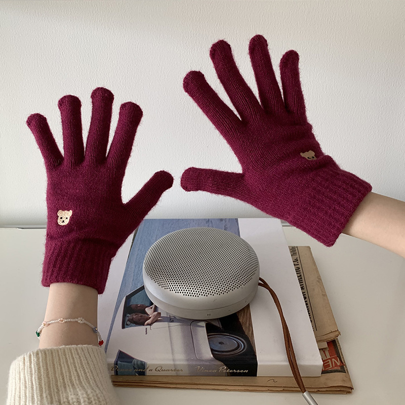 Estudiante a prueba de frío lana de punto a caballo cinco dedos Pantalla táctil de dibujos animados guantes calientes de invierno femenino engrosada linda pareja